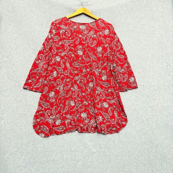 J. Jill Women Popover Tunic Top Blouse Shirt Size XL Red Paisley Button 3/4 Slv - Picture 2 of 6